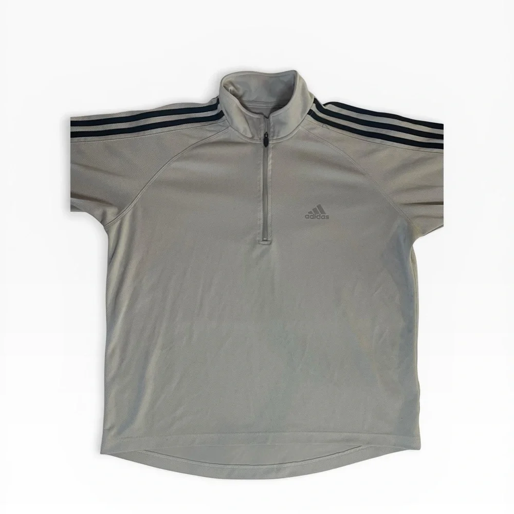 adidas Light Gray Short-Sleeve Quarter-Zip with Black Shoulder Stripes